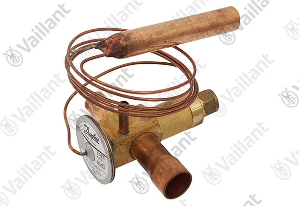 Vaillant-Expansionventil mit einer spiralförmigen Kupferleitung und einem runden Messinstrument, montiert auf einer metallischen Grundplatte.